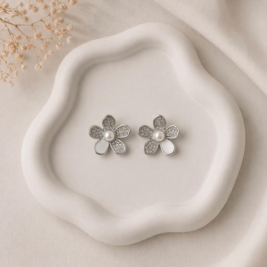 Silver Flower Pearl Earrings - Image 1