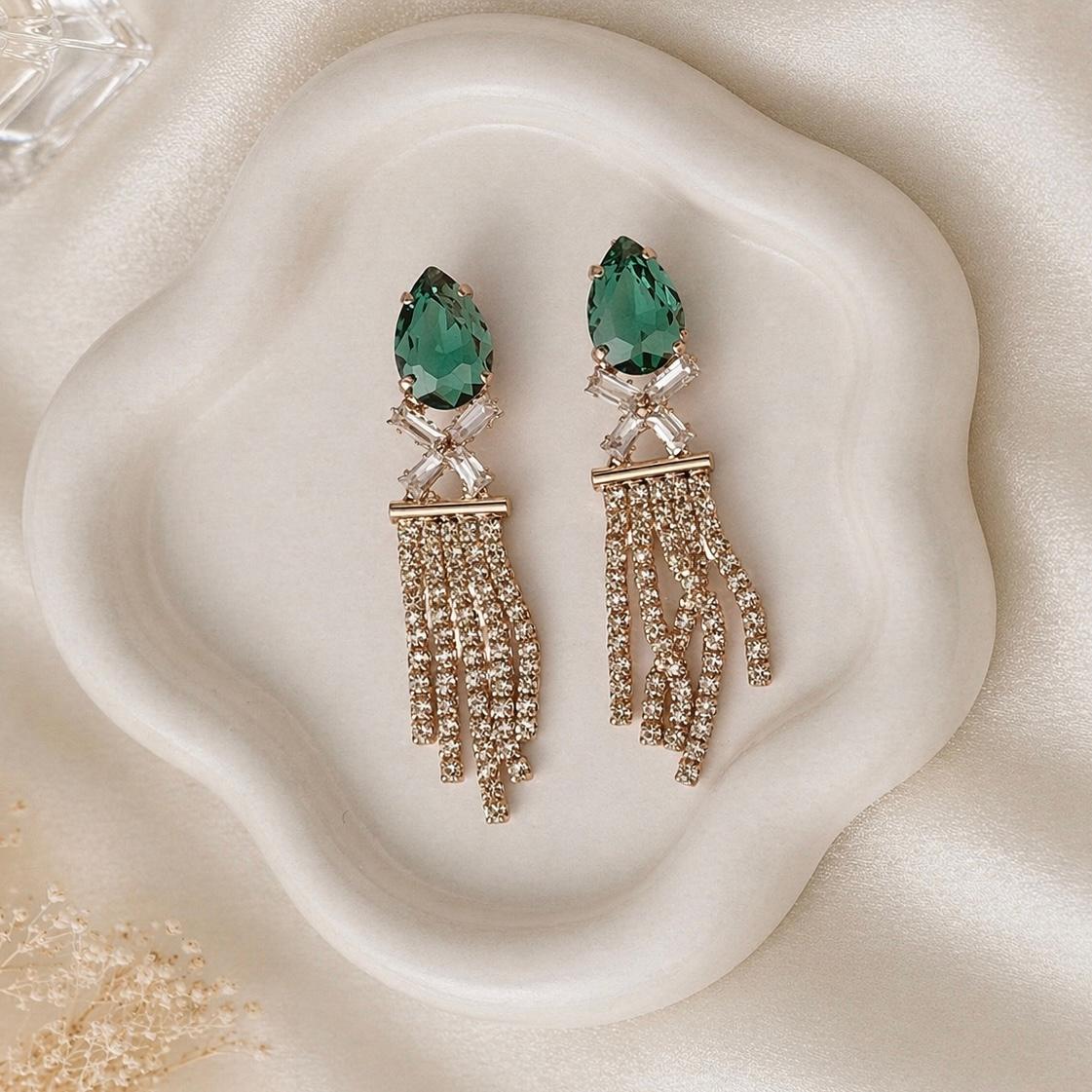 Green Teardrop Tassel Earrings - Image 1
