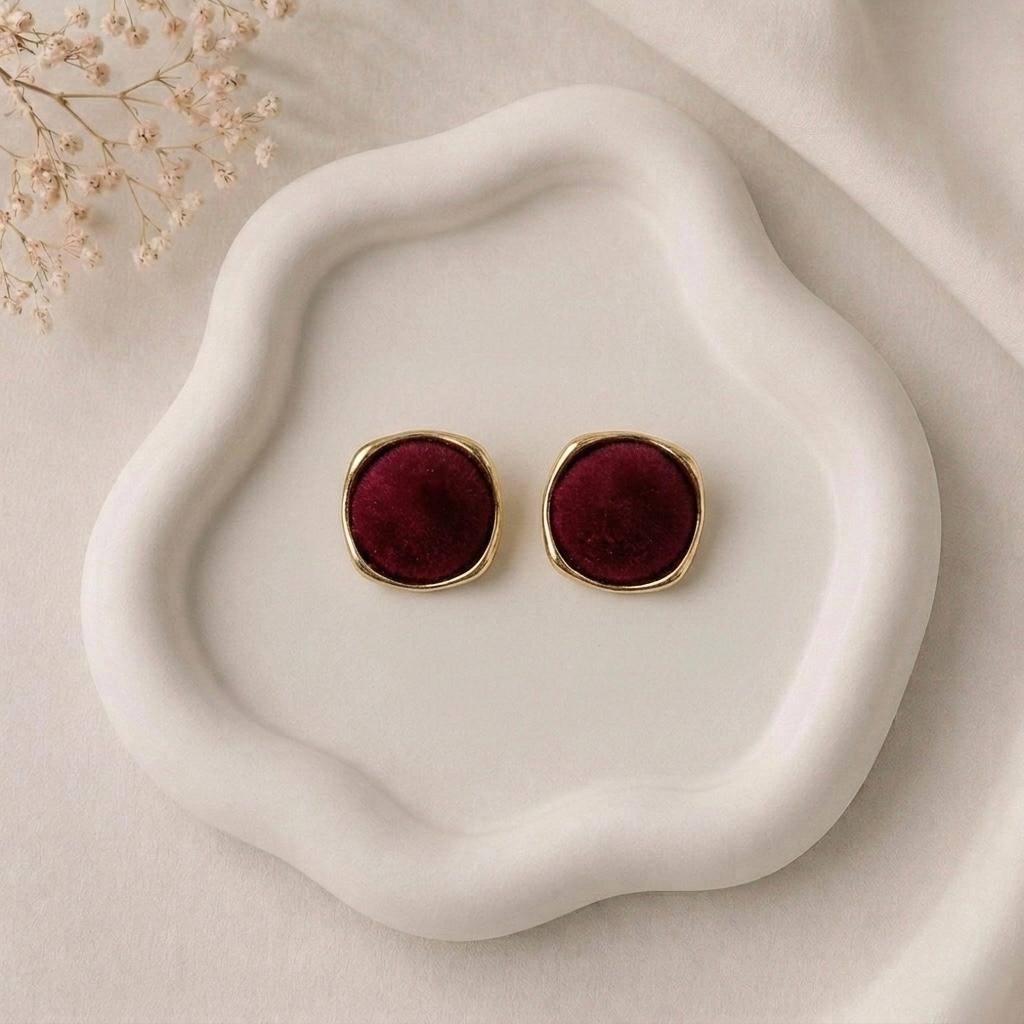 Burgundy Velvet Stud Earrings - Image 1