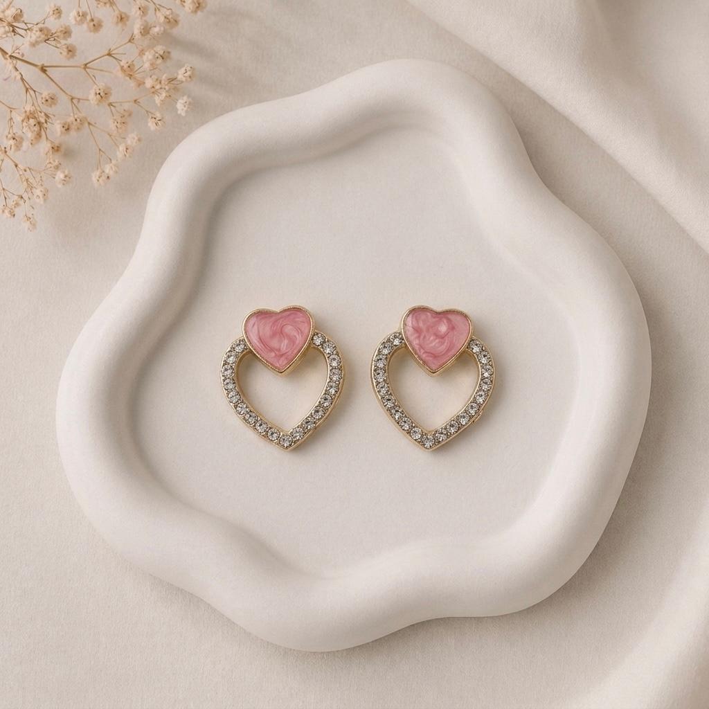 Pink Heart Crystal Earrings - Image 1