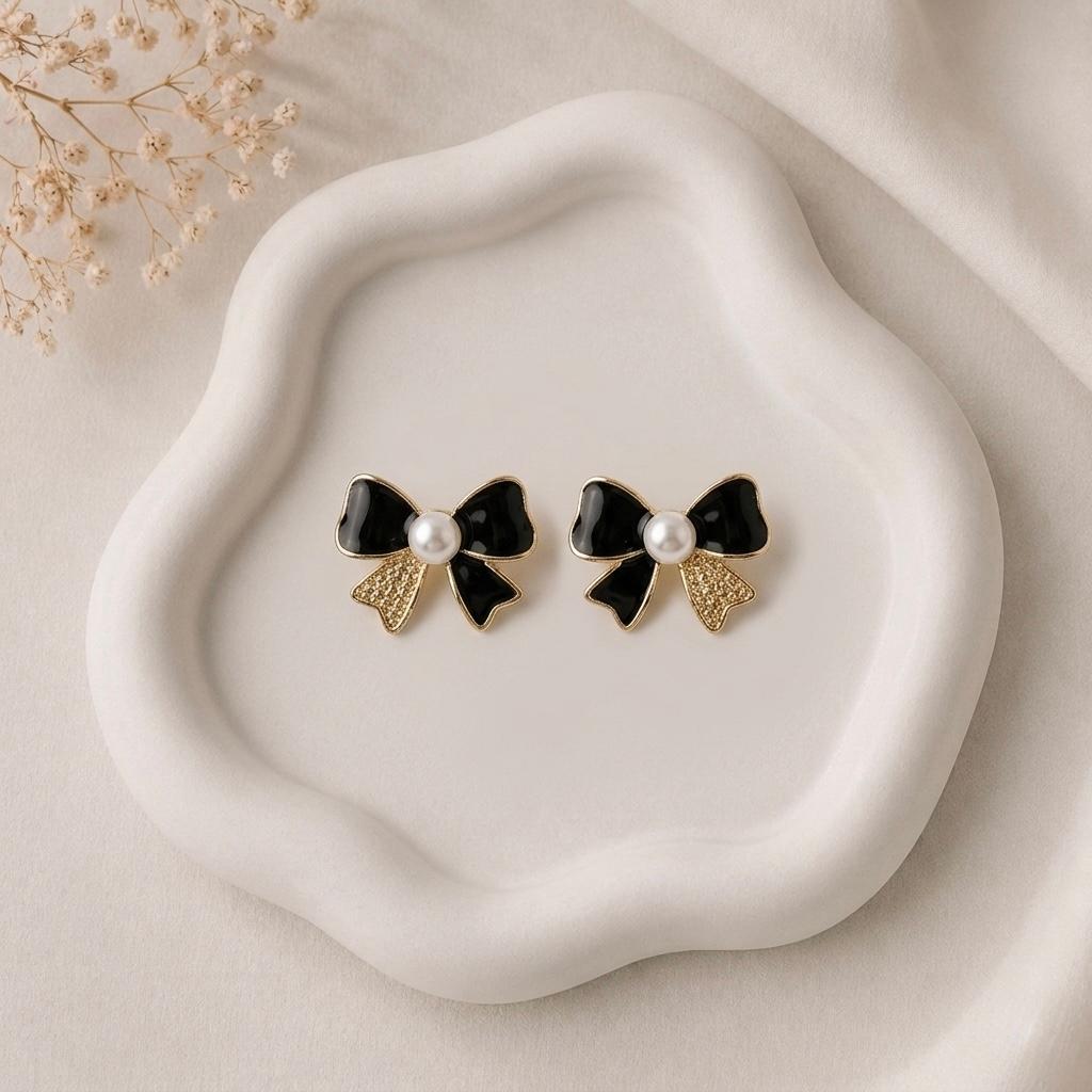 Black Bow Pearl Earrings - Image 1