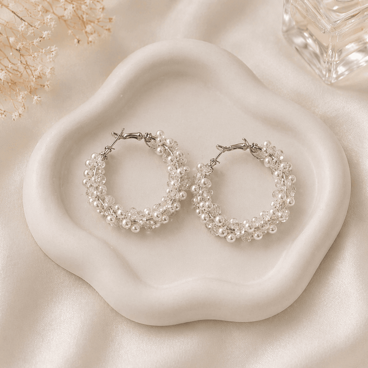 Pearl Crystal Hoop Earrings - Image 1